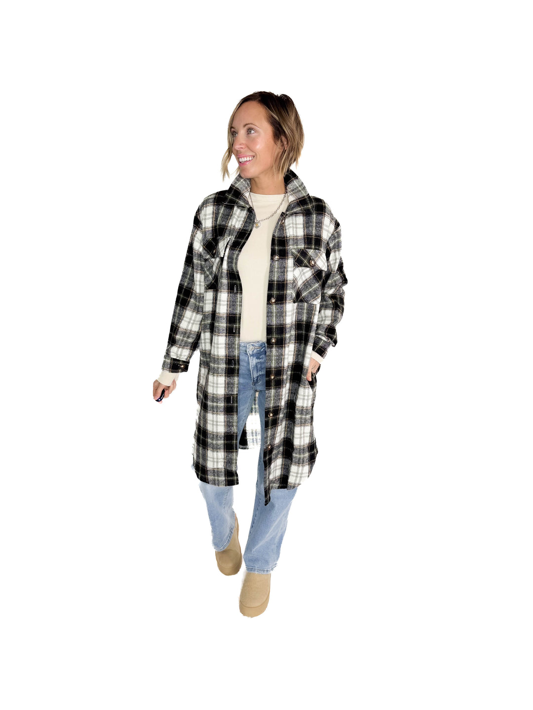 Out West Plaid Flannel Shacket- BLACK MUTLI