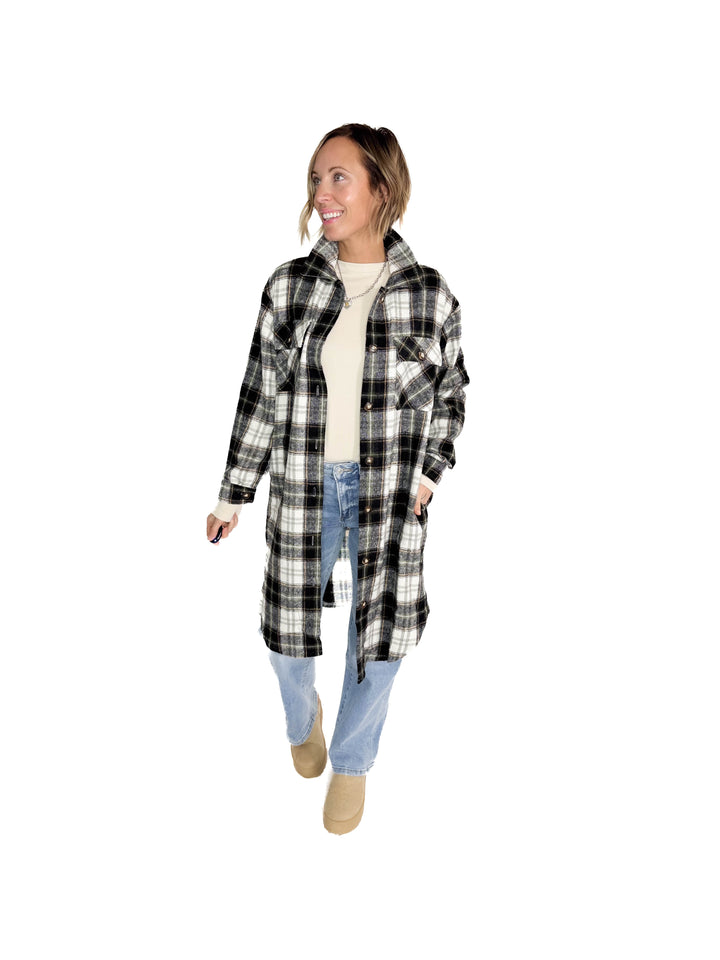 Out West Plaid Flannel Shacket- BLACK MUTLI