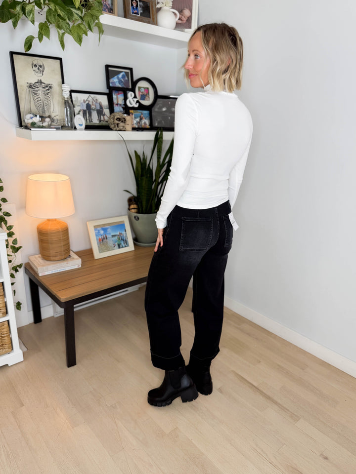 MONO B Linley Ribbed Mock Neck- WHITE
