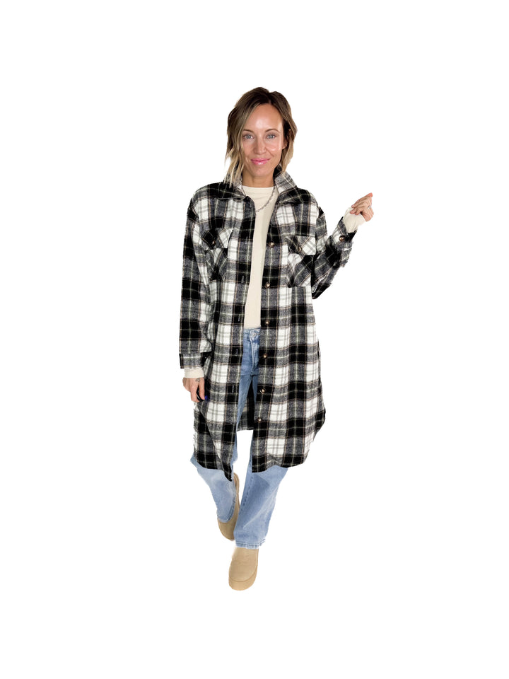Out West Plaid Flannel Shacket- BLACK MUTLI