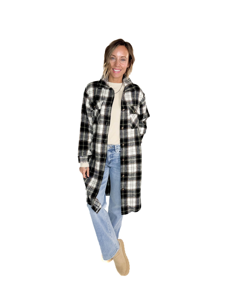 Out West Plaid Flannel Shacket- BLACK MUTLI