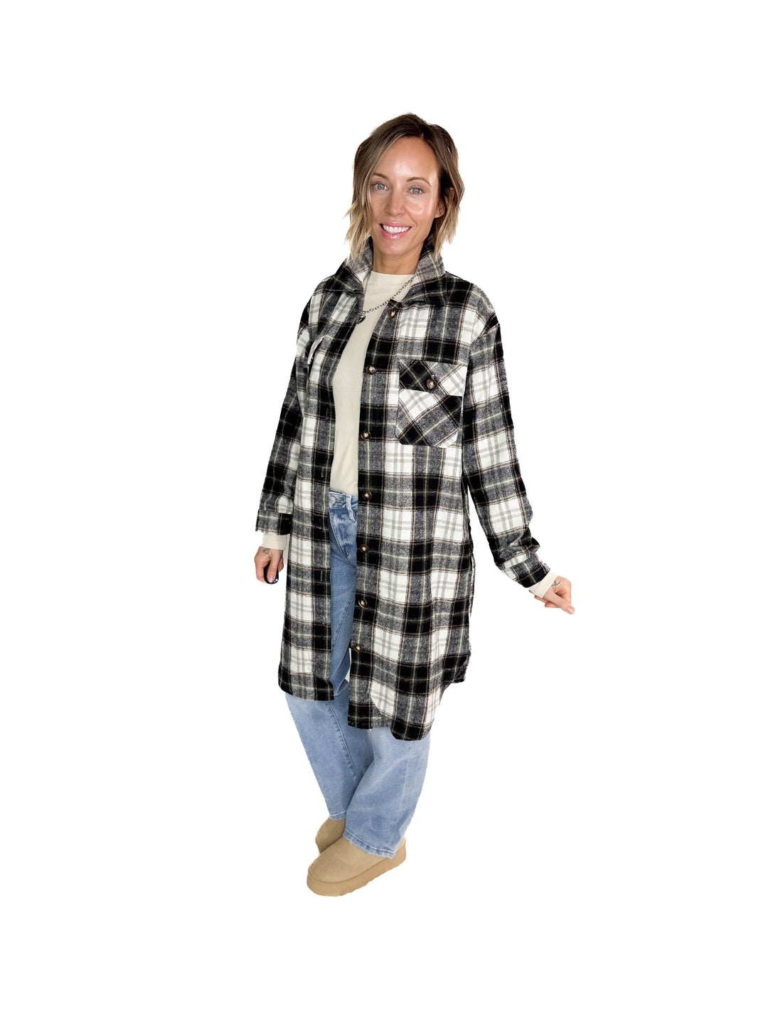 Out West Plaid Flannel Shacket- BLACK MUTLI