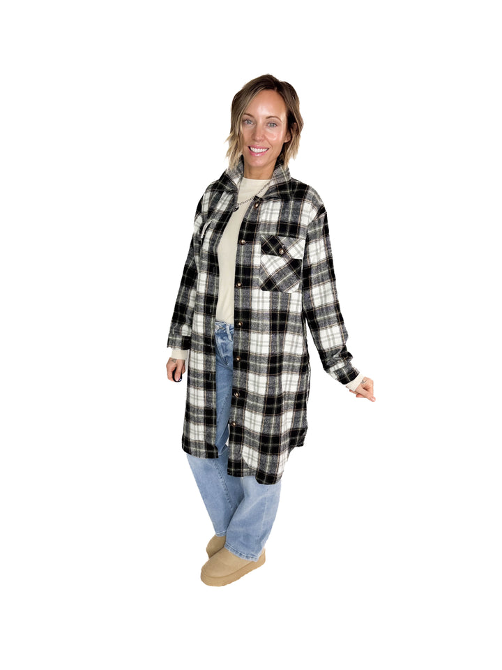 Out West Plaid Flannel Shacket- BLACK MUTLI