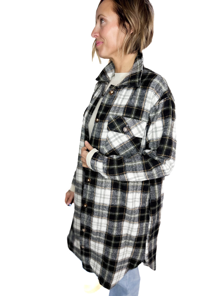 Out West Plaid Flannel Shacket- BLACK MUTLI