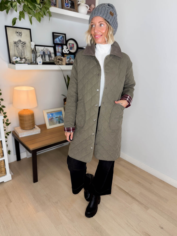 Hadley Quilted Long Jacket- OLIVE