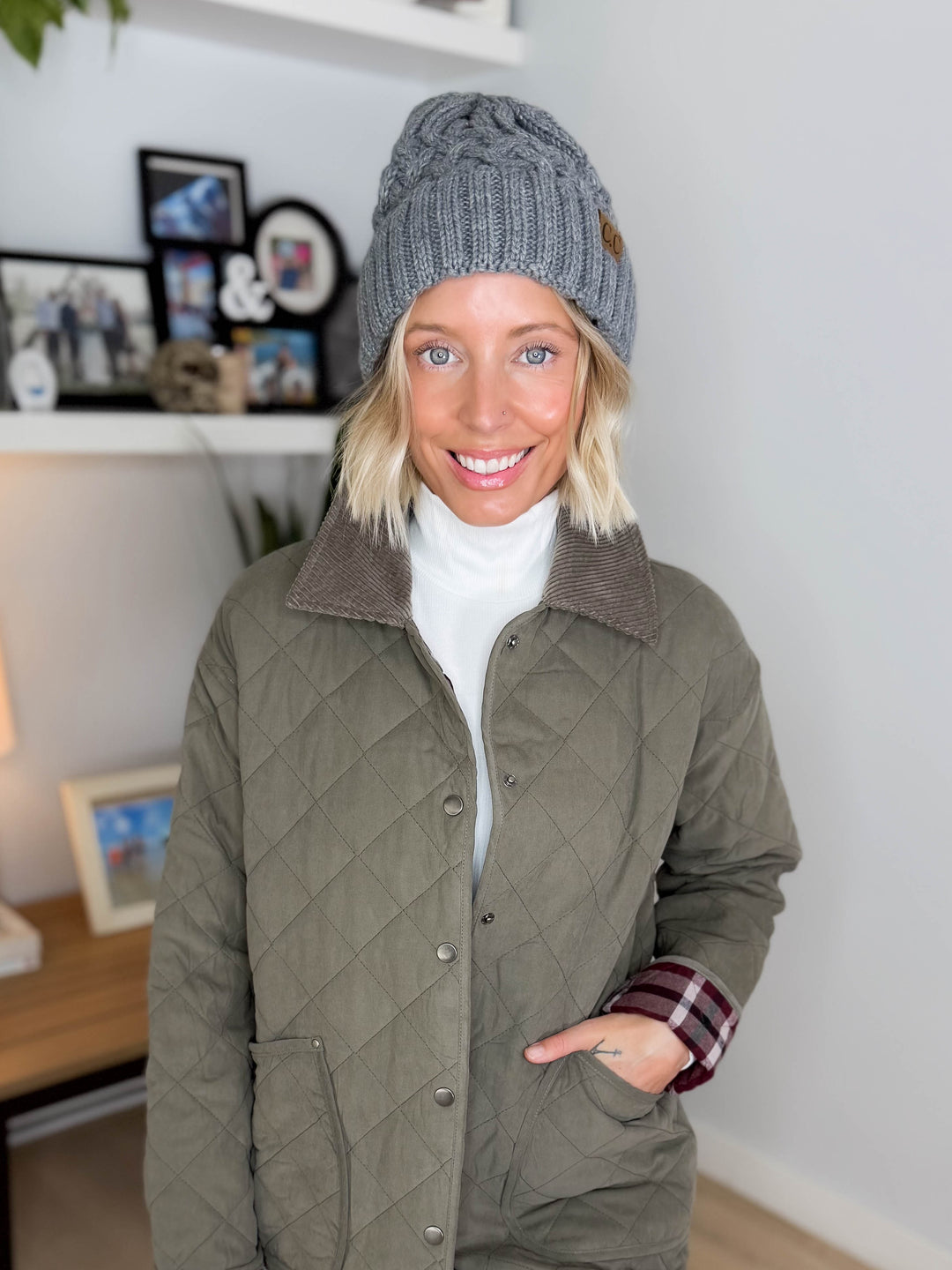 CC Cable Knit Beanie- MELANGE GREY