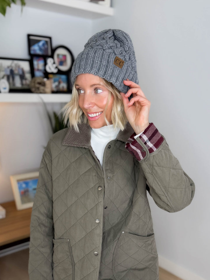CC Cable Knit Beanie- MELANGE GREY