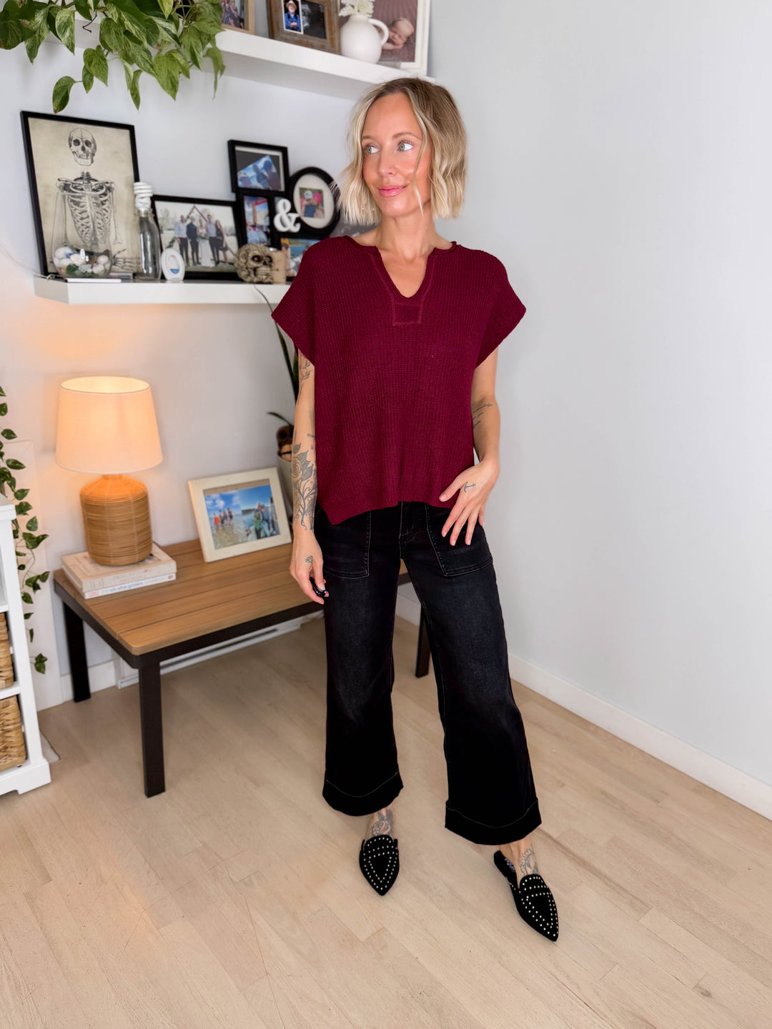 Larkin Split-Neck Sleeveless Knit Top- WINE