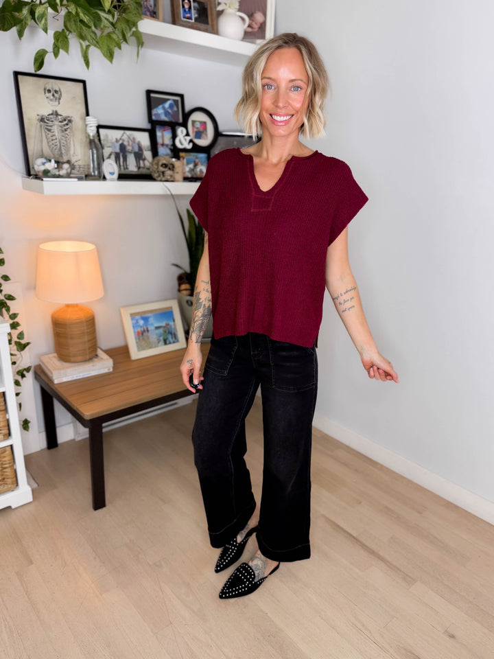 Larkin Split-Neck Sleeveless Knit Top- WINE