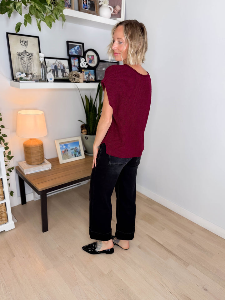 Larkin Split-Neck Sleeveless Knit Top- WINE