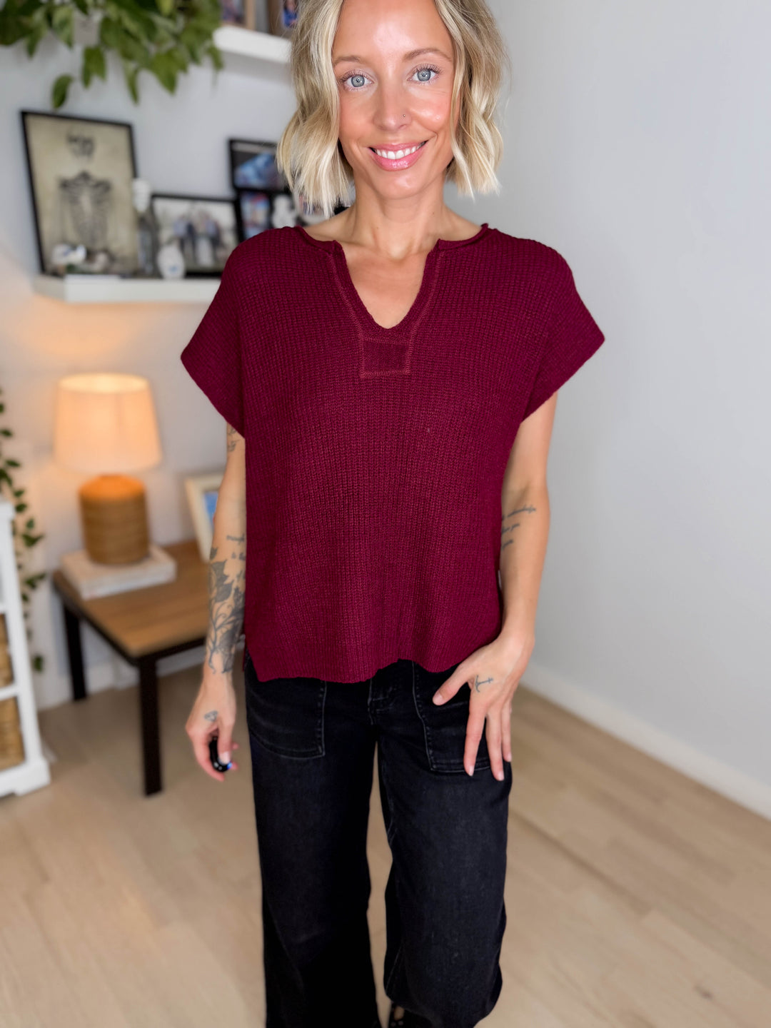 Larkin Split-Neck Sleeveless Knit Top- WINE