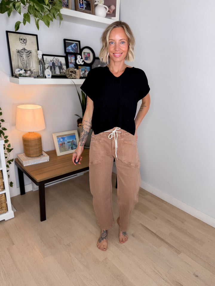 Vervet Maris High Rise Drawstring Barrel Jeans- WARM TAUPE