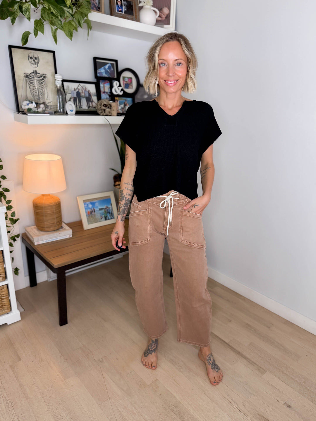 Vervet Maris High Rise Drawstring Barrel Jeans- WARM TAUPE