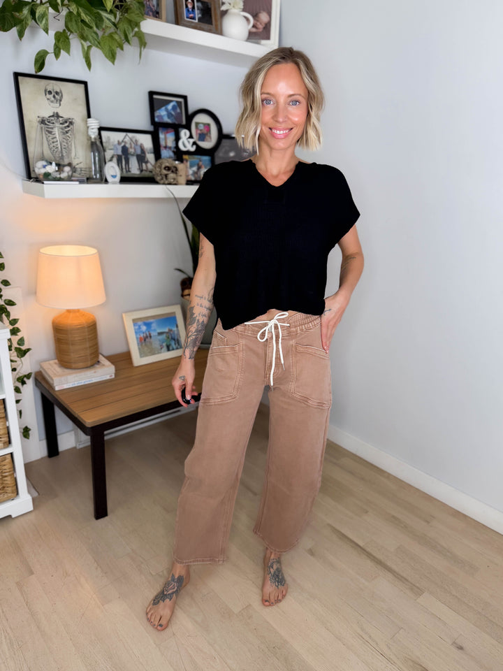 Vervet Maris High Rise Drawstring Barrel Jeans- WARM TAUPE