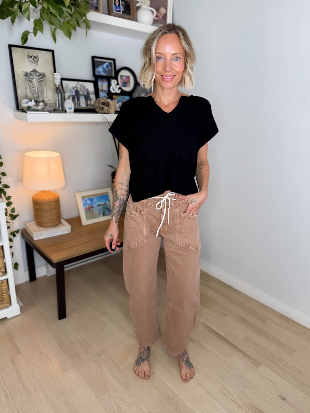 Vervet Maris High Rise Drawstring Barrel Jeans- WARM TAUPE