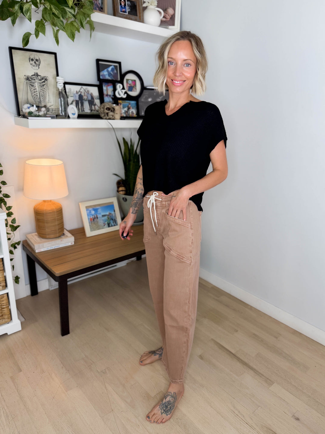 Vervet Maris High Rise Drawstring Barrel Jeans- WARM TAUPE