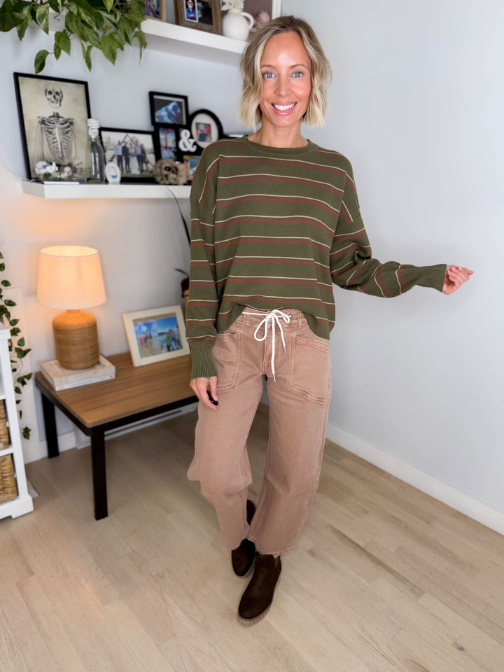 Illa Boxy Cut Striped Drop Shoulder Sweater- OLIVE
