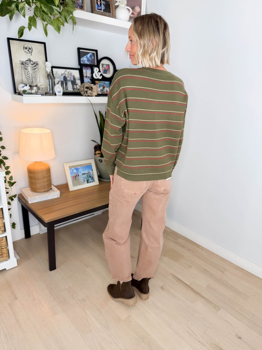 Illa Boxy Cut Striped Drop Shoulder Sweater- OLIVE
