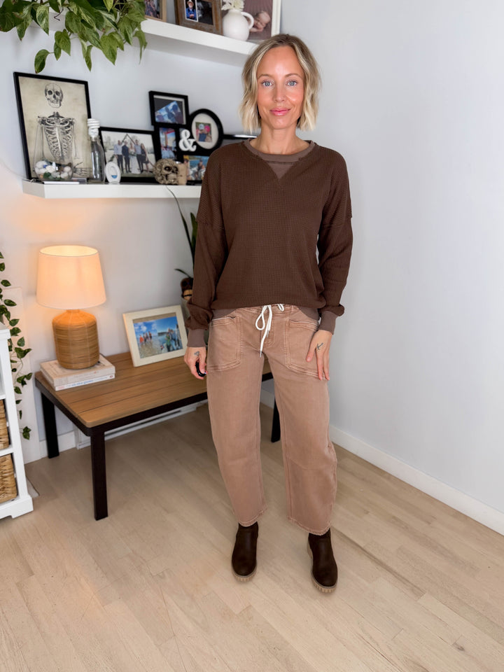 Flurry Raw Edge Long Sleeve Thermal Crew Neck- BROWN