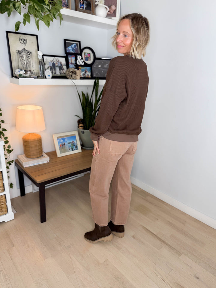 Flurry Raw Edge Long Sleeve Thermal Crew Neck- BROWN