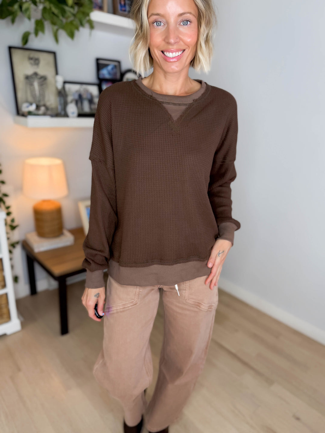 Flurry Raw Edge Long Sleeve Thermal Crew Neck- BROWN