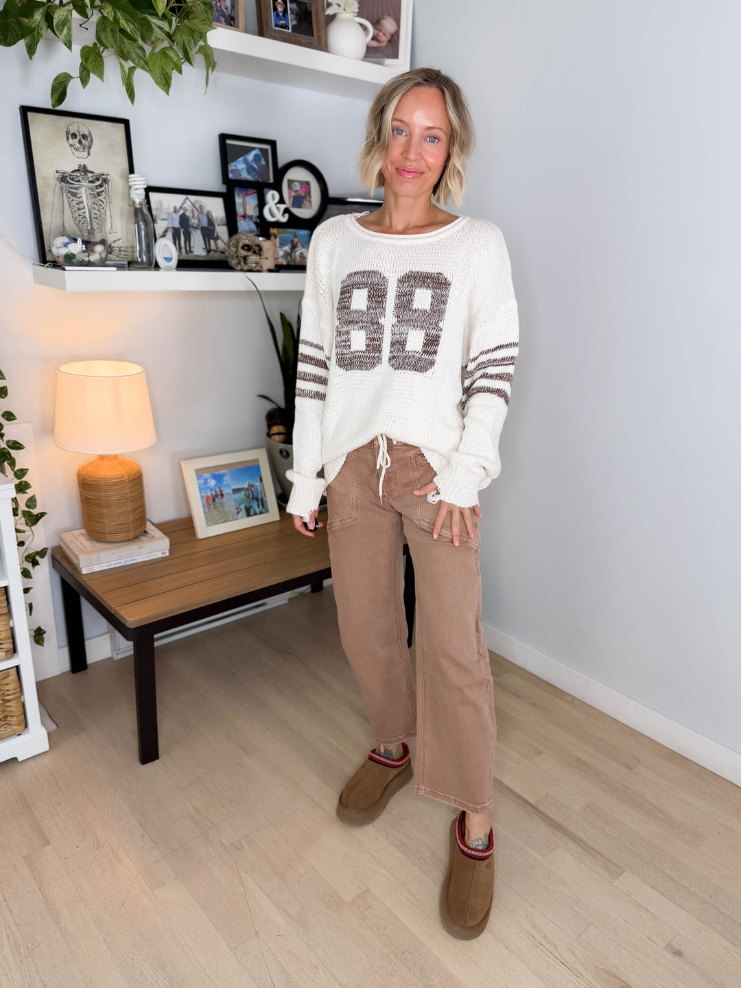 Dacey Distressed Varsity Knit Sweater- WHITE SWAN