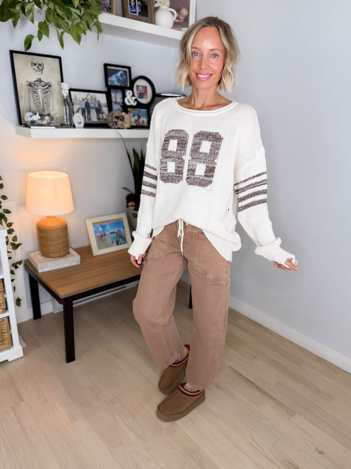Dacey Distressed Varsity Knit Sweater- WHITE SWAN
