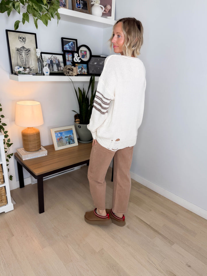 Dacey Distressed Varsity Knit Sweater- WHITE SWAN