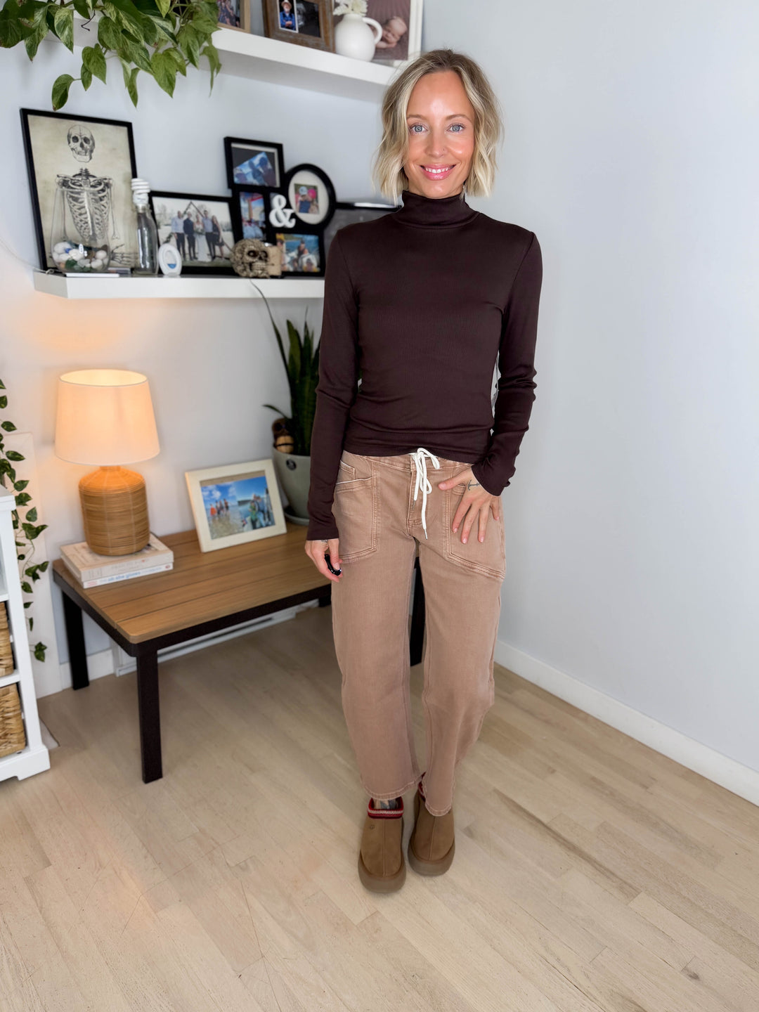 MONO B Linley Ribbed Mock Neck- COFFEE BEAN
