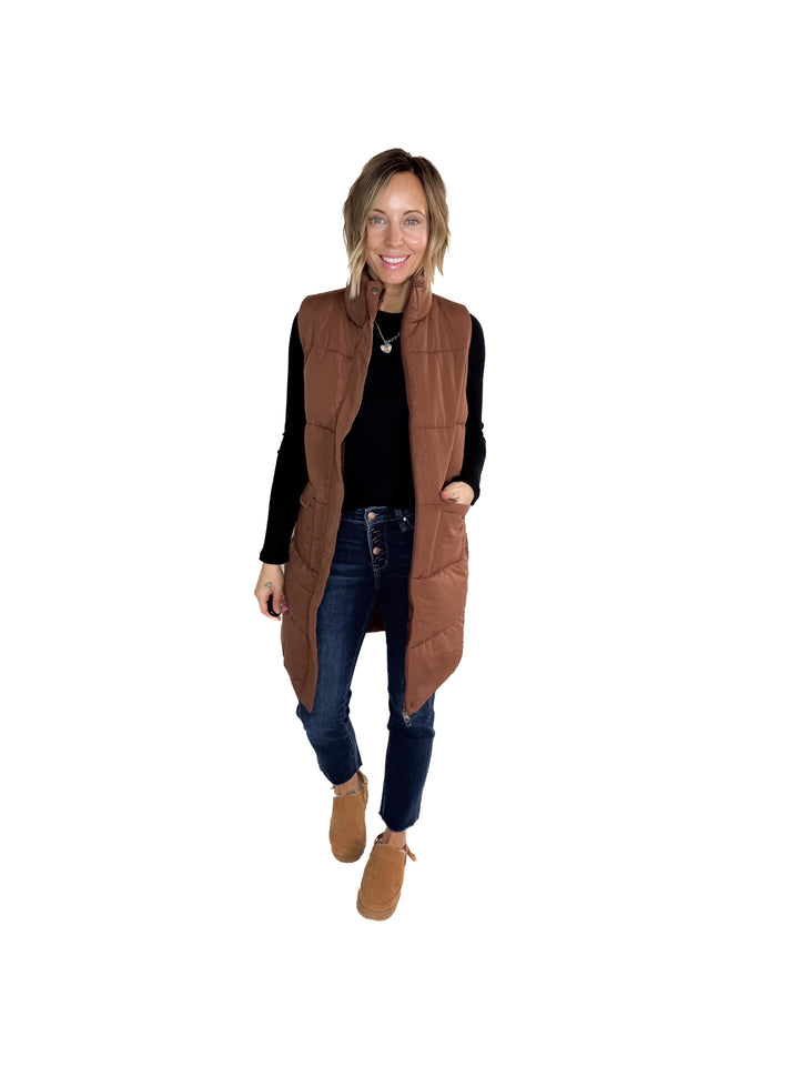 Remington Longline Puffer Vest- CAMEL BROWN