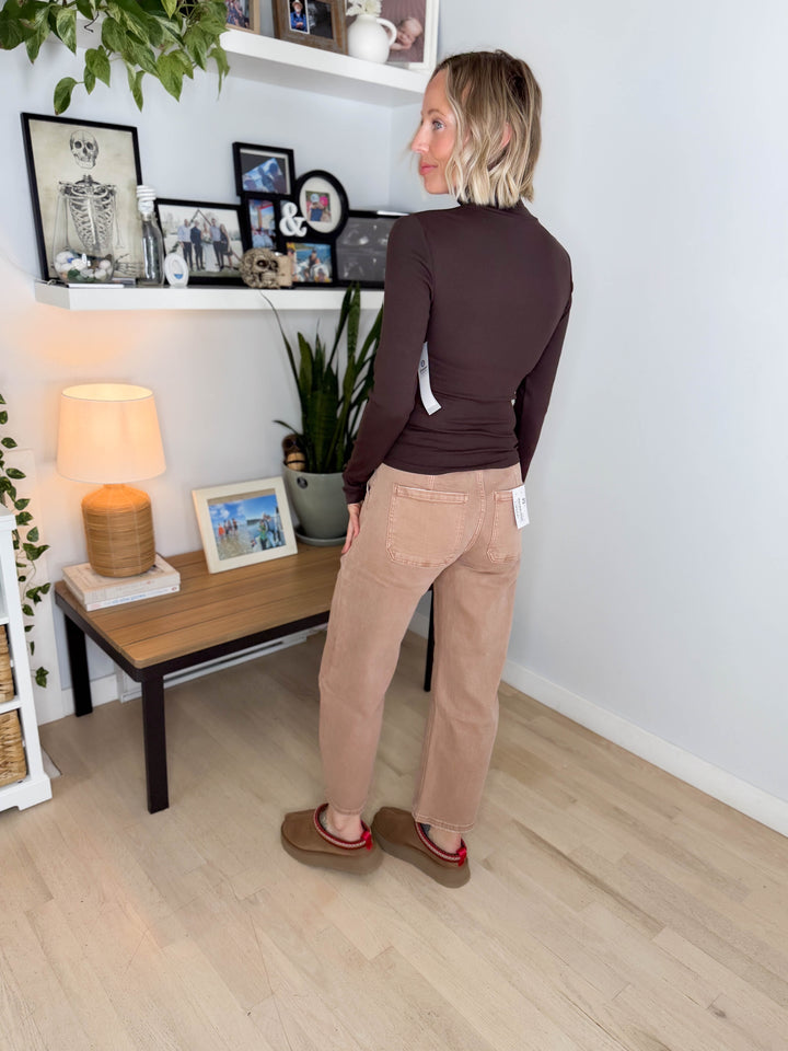 MONO B Linley Ribbed Mock Neck- COFFEE BEAN