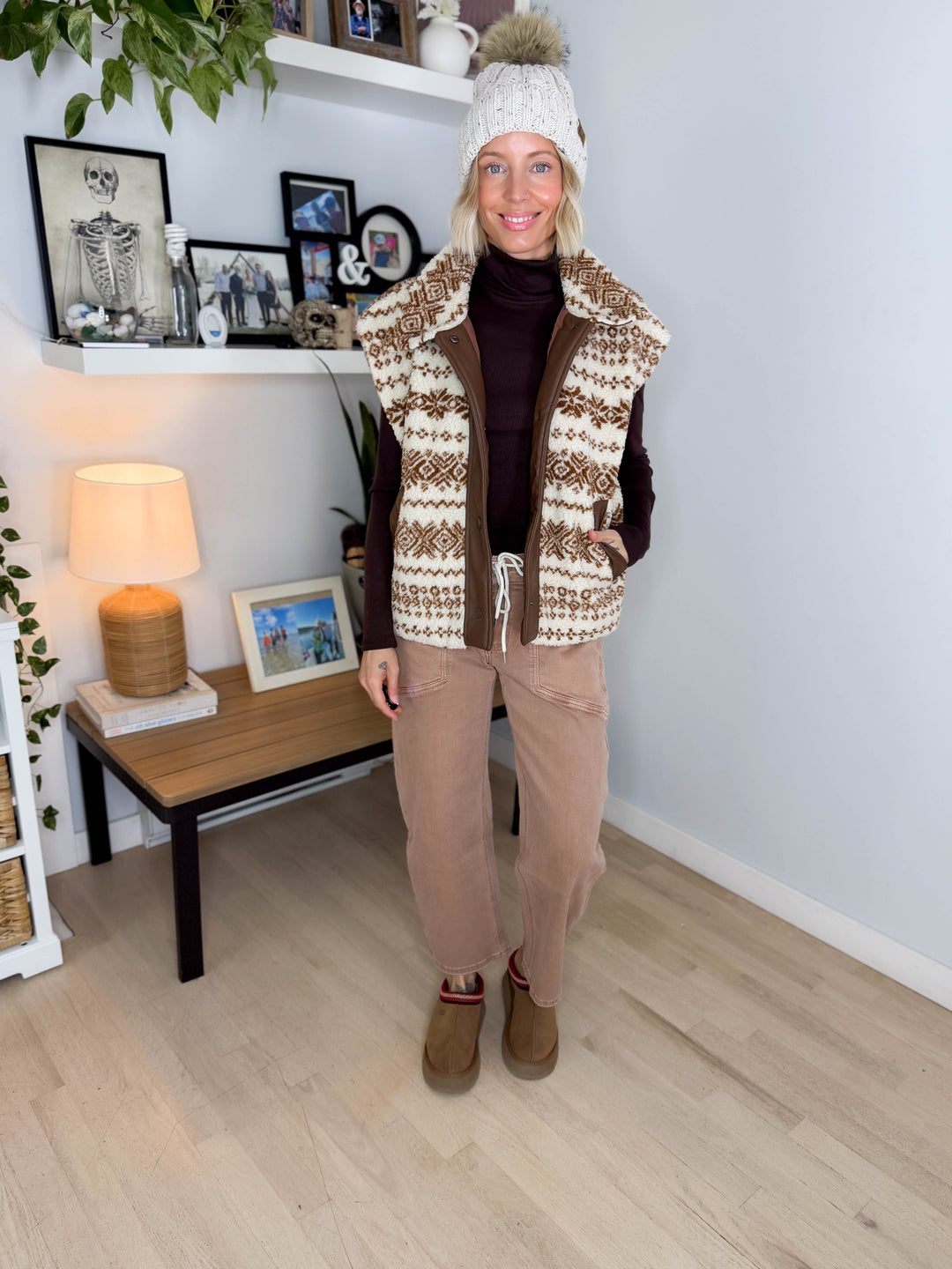 Celeste Oversized Sherpa Button Down Vest- CAMEL