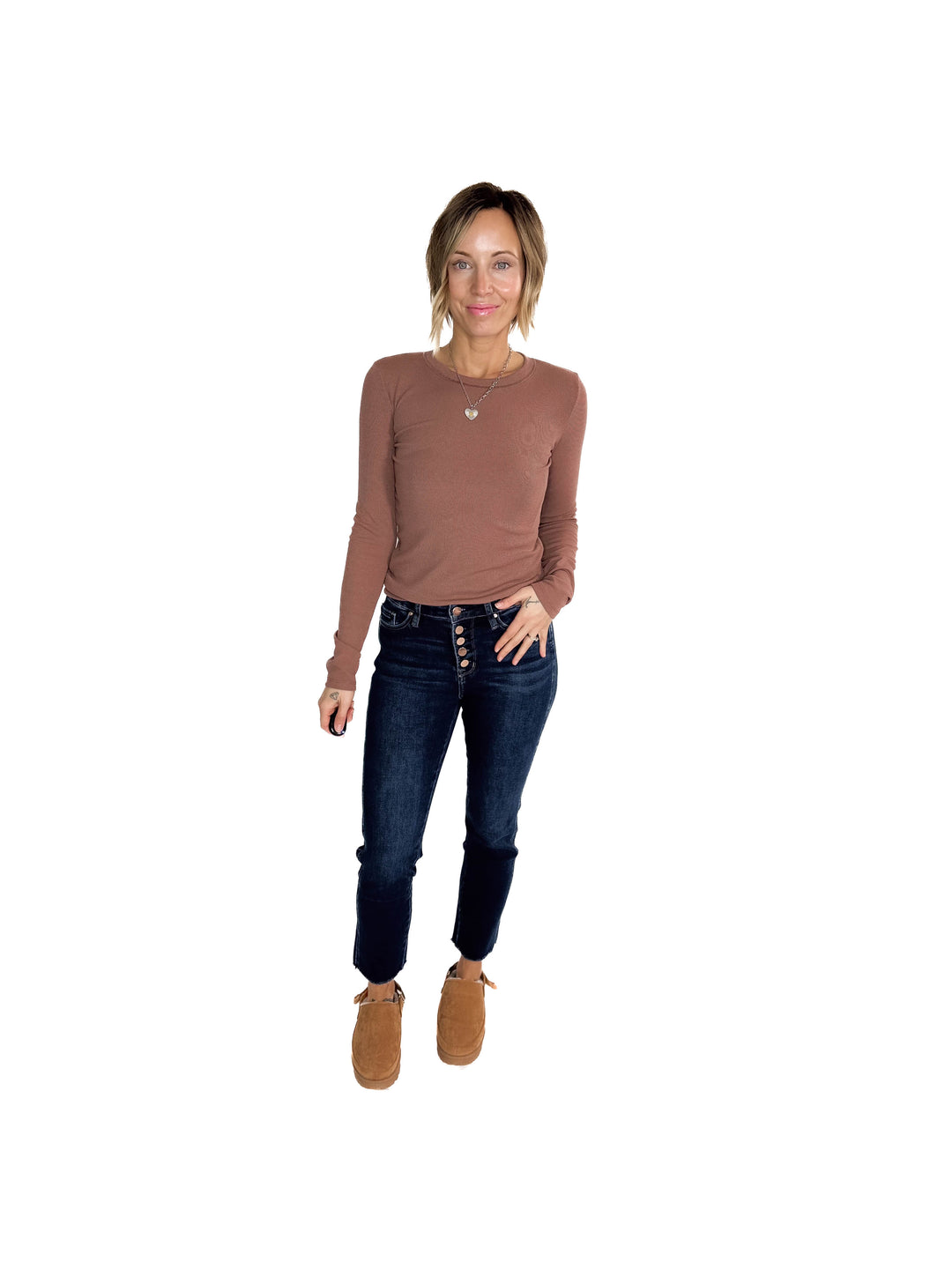Beth Ribbed  Long Sleeve- RED BEAN