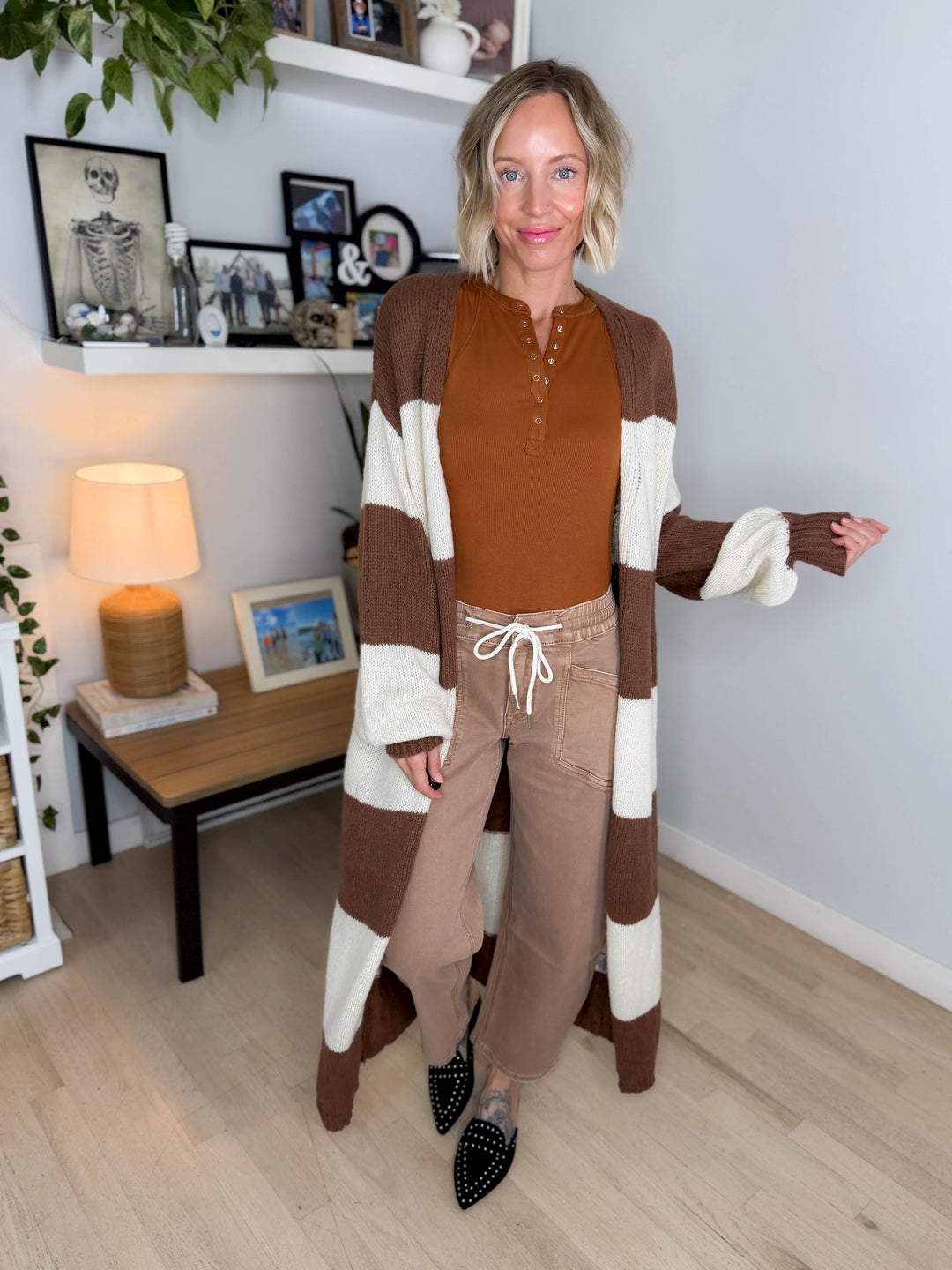 Emma Striped Long Knit Cardigan- BROWN