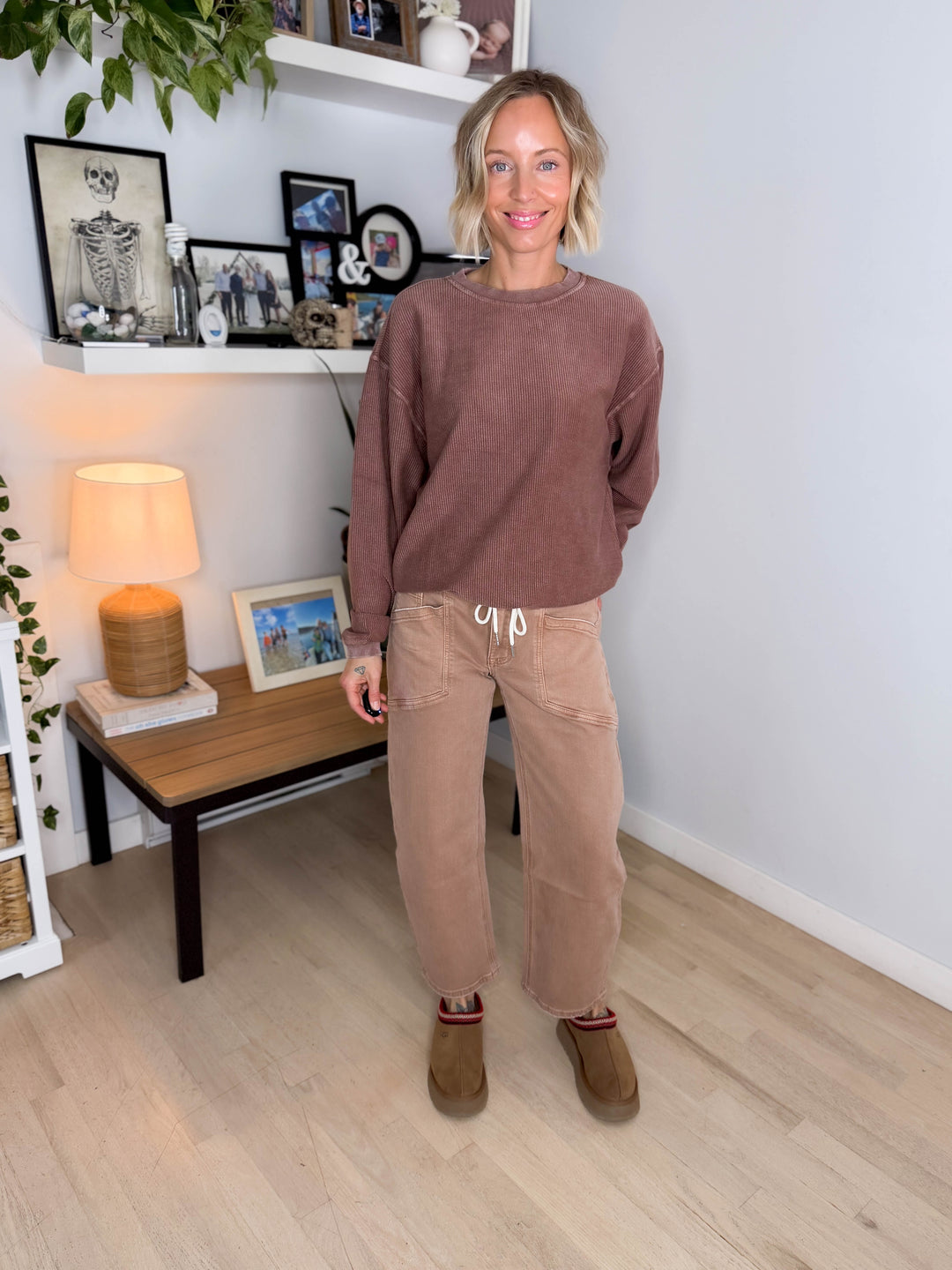 Aven Essential Corded Crew Neck Top- CAPPUCCINO