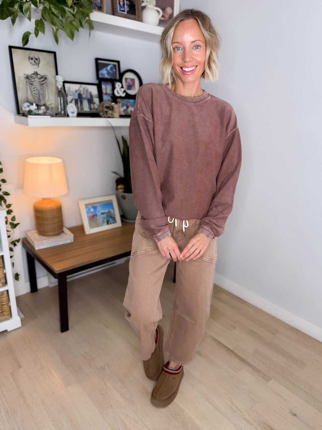 Aven Essential Corded Crew Neck Top- CAPPUCCINO