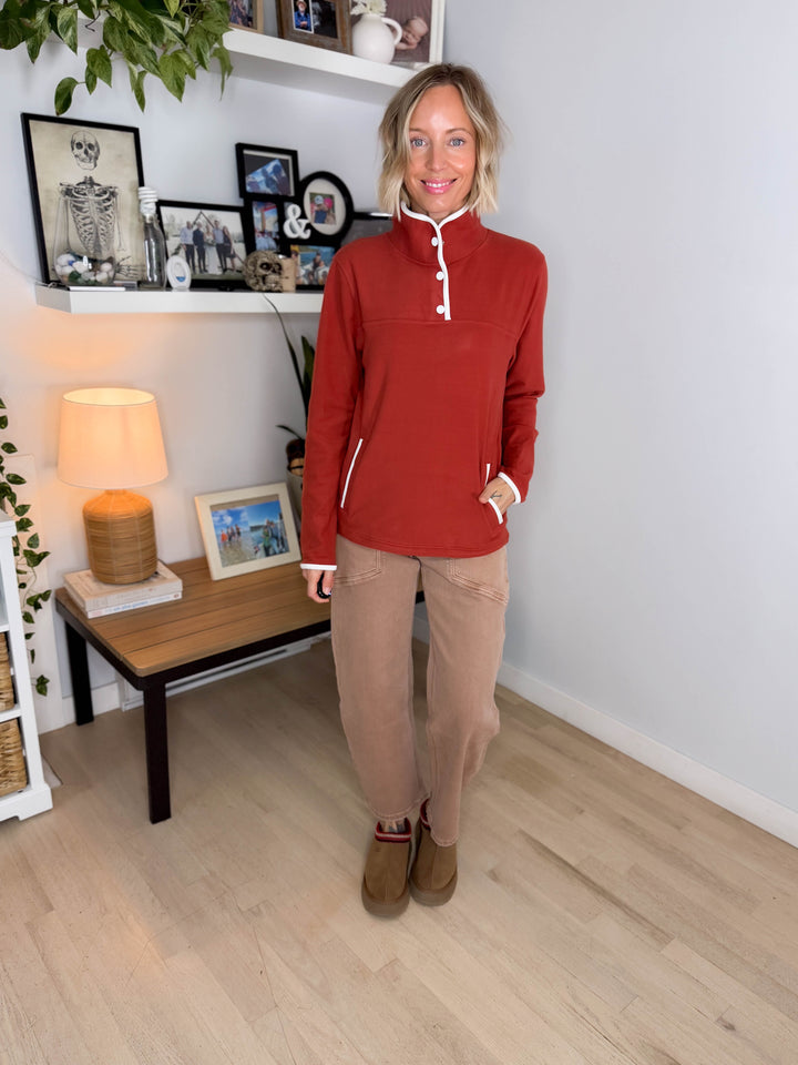 Garnet Funnel Neck Polar Fleece Pullover- RUST