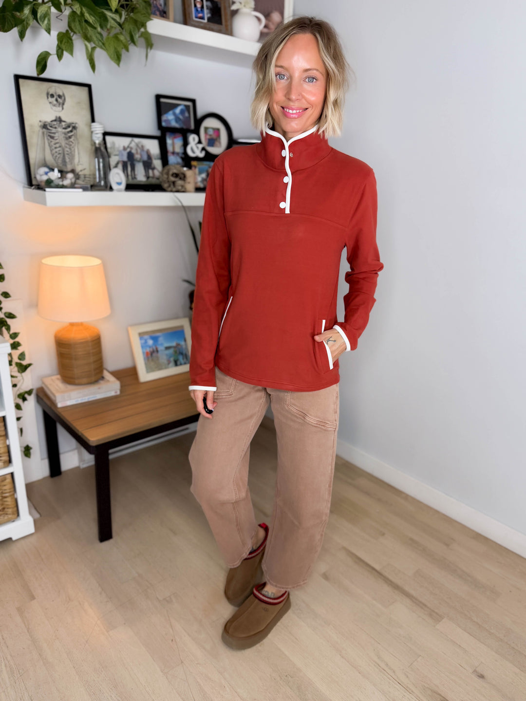 Garnet Funnel Neck Polar Fleece Pullover- RUST