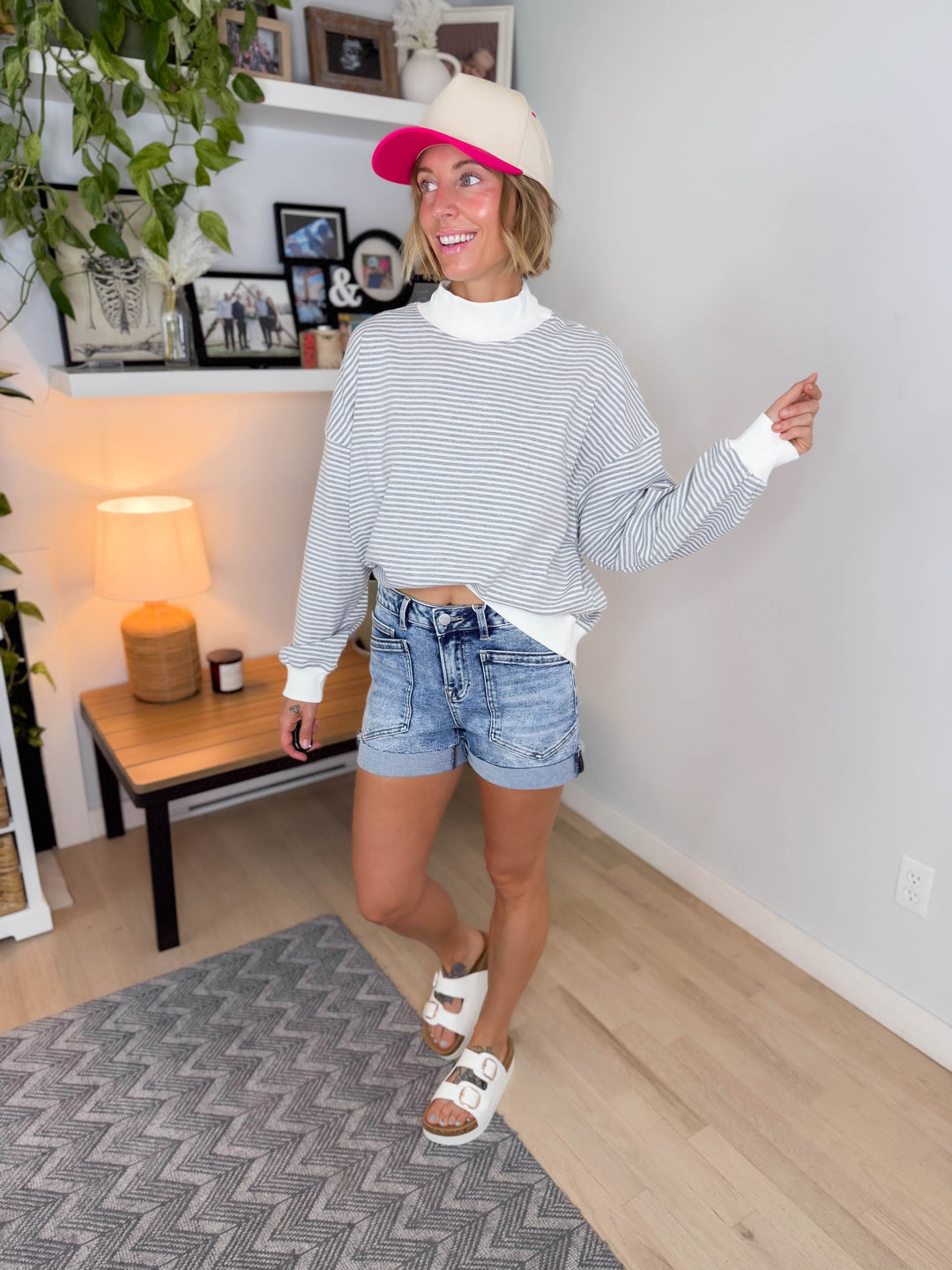 Annika Mock Neck Stripe Sweatshirt Top- HEATHER GREY
