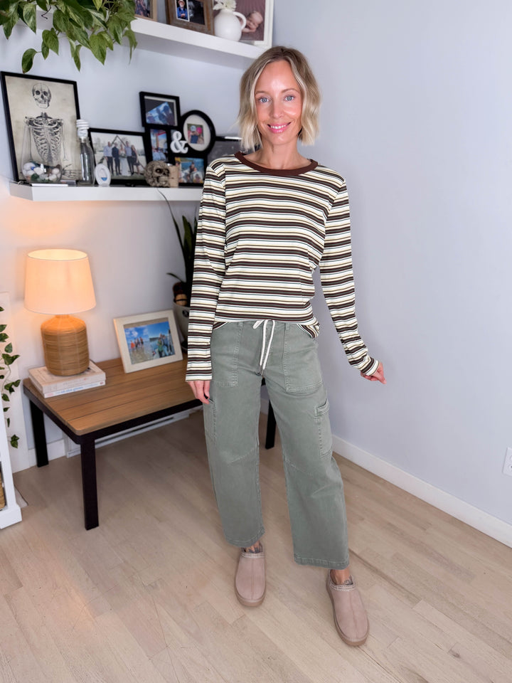 Alder Ribbed Crew Neck Long Sleeve- BROWN/IVORY