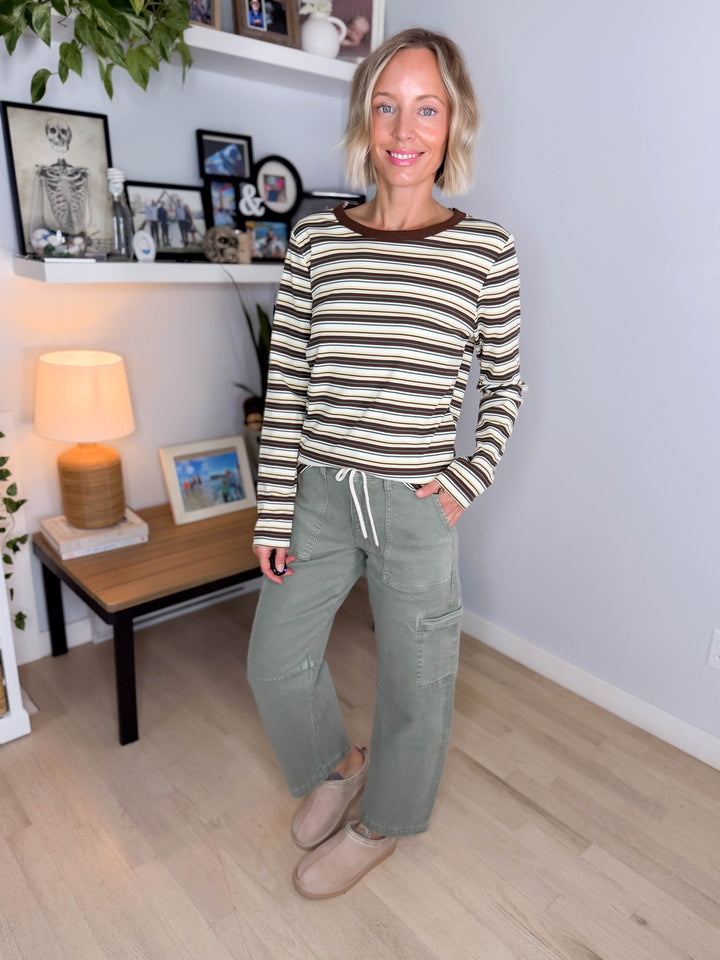 Alder Ribbed Crew Neck Long Sleeve- BROWN/IVORY