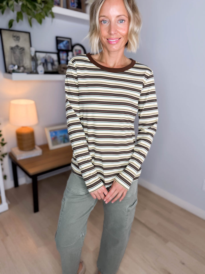 Alder Ribbed Crew Neck Long Sleeve- BROWN/IVORY