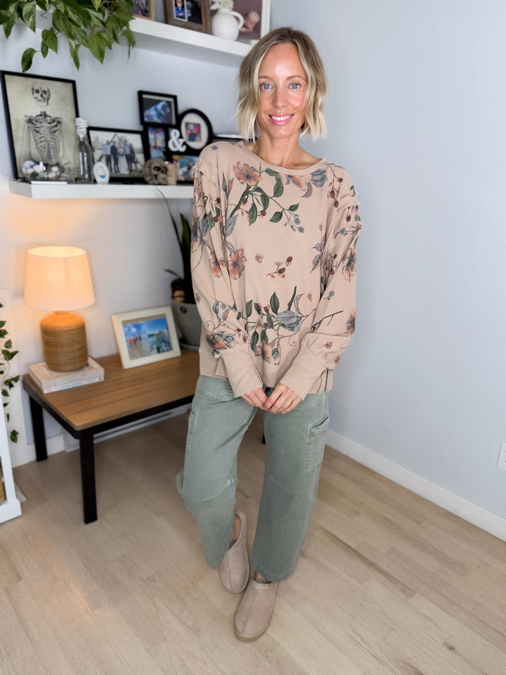 Megs Floral Pullover- ALMOND