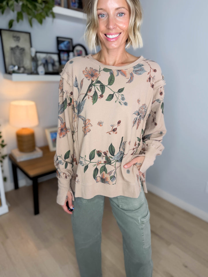 Megs Floral Pullover- ALMOND
