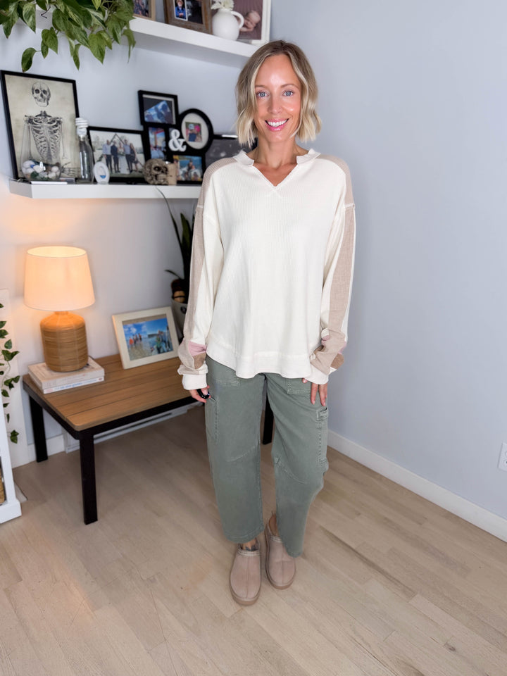 Elara Oversized Waffle Long Sleeve Pullover- NATURAL