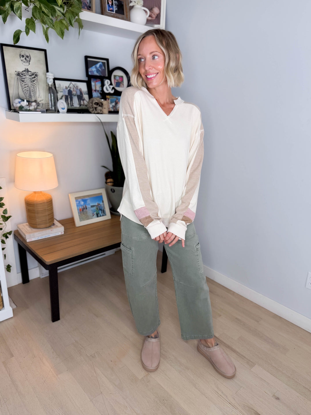 Elara Oversized Waffle Long Sleeve Pullover- NATURAL