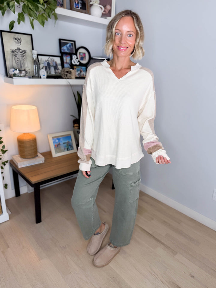 Elara Oversized Waffle Long Sleeve Pullover- NATURAL