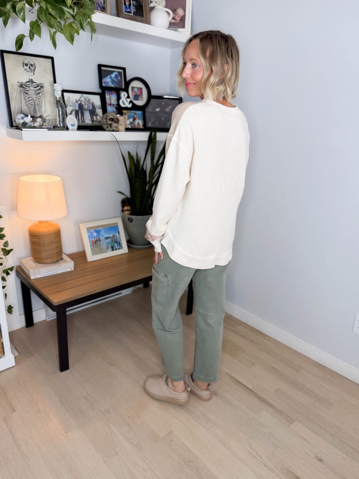 Elara Oversized Waffle Long Sleeve Pullover- NATURAL