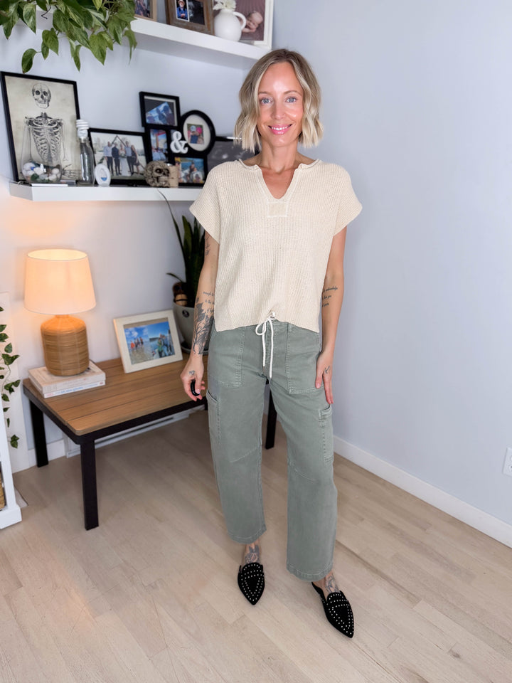 Larkin Split-Neck Sleeveless Knit Top- OATMEAL
