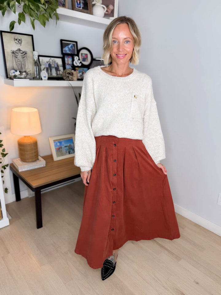 Janice Pleated Button Front Midi Skirt- MARSALA
